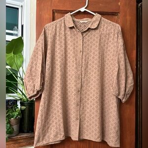 Samansa Mos2 Oversized Eyelet Button Front Women’s Shirt With Puff Sleeves Large